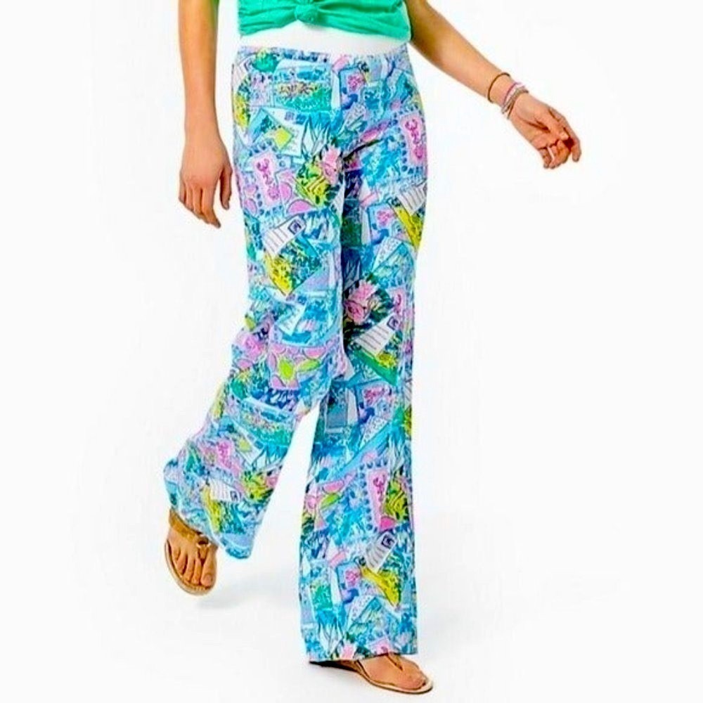 LILLY PULITZER Beach Palazzo Pull On Linen Pants Wish You Were Here Size XS NEW